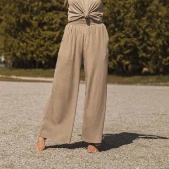 Jackson Rowe Pants Tan Beige Wide Leg Womens Medium Jasmine Flowy Neutral Ribbed - Picture 1 of 12